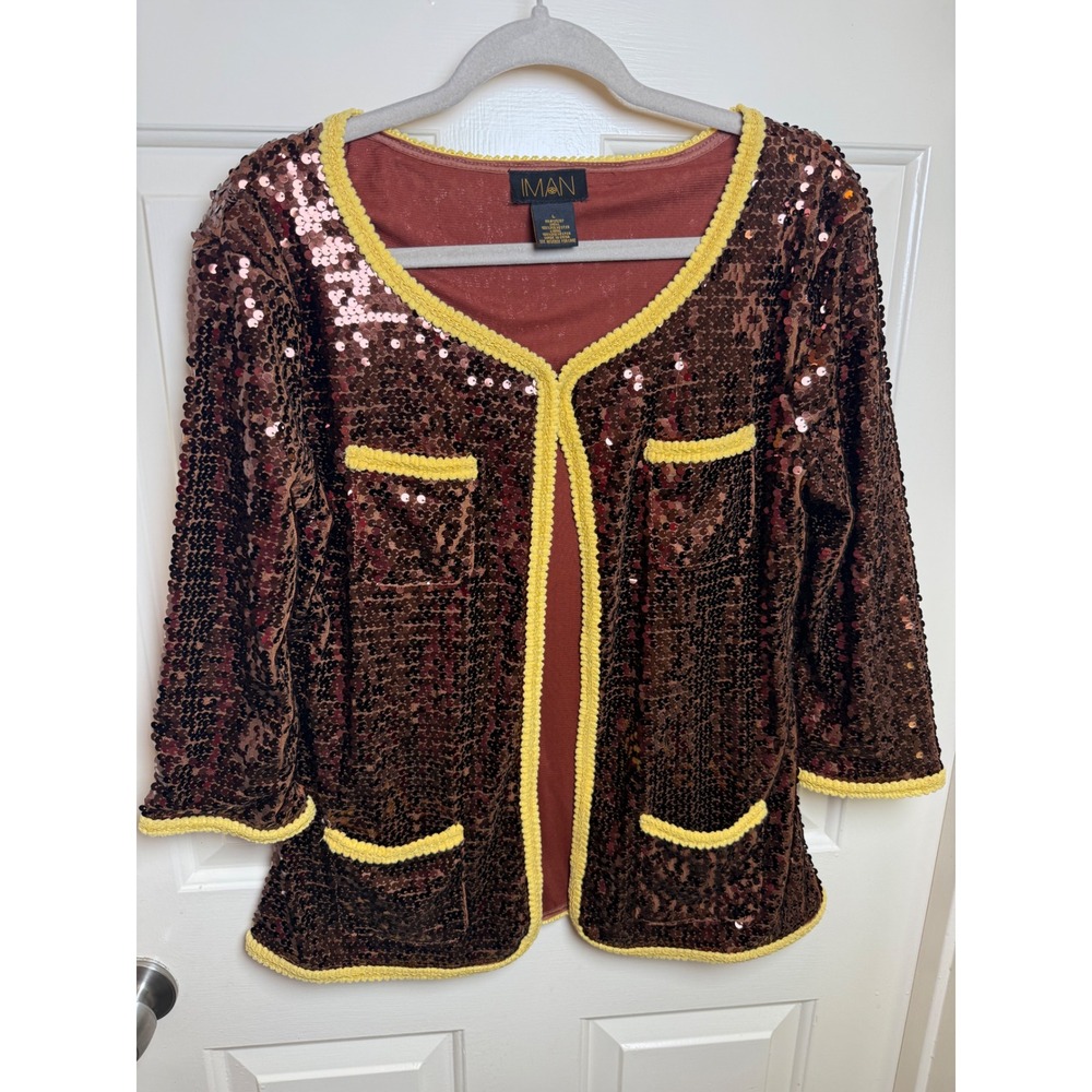 Iman Global Chic Brown Sequin Cardigan Jacket Yellow Trim Large Open Front